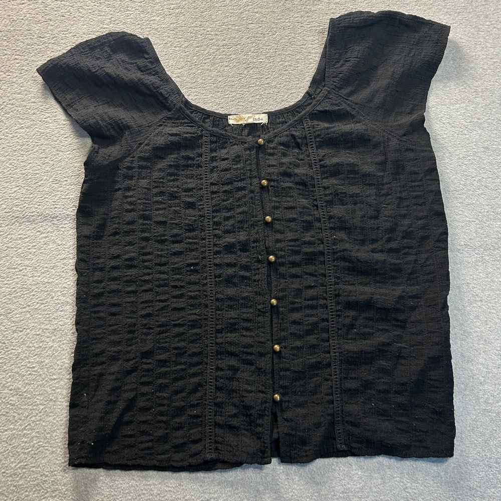 Rewind Short Sleeve Blouse Womens Large Black Textured Button Front Lace Trim